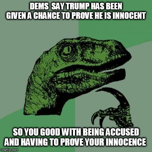 Philosoraptor Meme | DEMS  SAY TRUMP HAS BEEN GIVEN A CHANCE TO PROVE HE IS INNOCENT; SO YOU GOOD WITH BEING ACCUSED AND HAVING TO PROVE YOUR INNOCENCE | image tagged in memes,philosoraptor | made w/ Imgflip meme maker