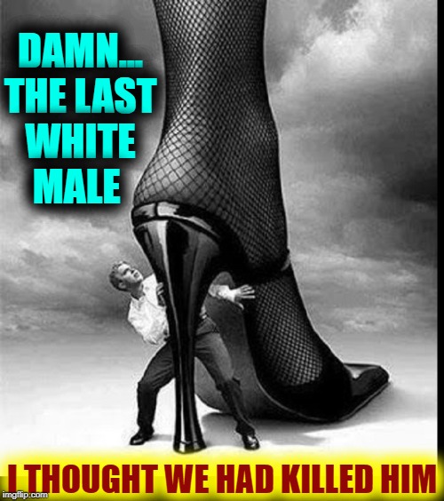 The Joys of White Privilege | DAMN... THE LAST WHITE  MALE; I THOUGHT WE HAD KILLED HIM | image tagged in vince vance,white privilege,high heels,little,man | made w/ Imgflip meme maker