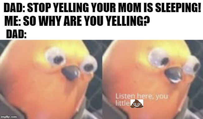 Listen here you little shit bird | DAD: STOP YELLING YOUR MOM IS SLEEPING! ME: SO WHY ARE YOU YELLING? DAD: | image tagged in listen here you little shit bird | made w/ Imgflip meme maker