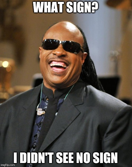 Stevie Wonder | WHAT SIGN? I DIDN'T SEE NO SIGN | image tagged in stevie wonder | made w/ Imgflip meme maker