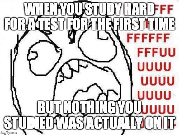 FFFFFFFUUUUUUUUUUUU | WHEN YOU STUDY HARD FOR A TEST FOR THE FIRST TIME; BUT NOTHING YOU STUDIED WAS ACTUALLY ON IT | image tagged in memes,fffffffuuuuuuuuuuuu,funny,studying | made w/ Imgflip meme maker