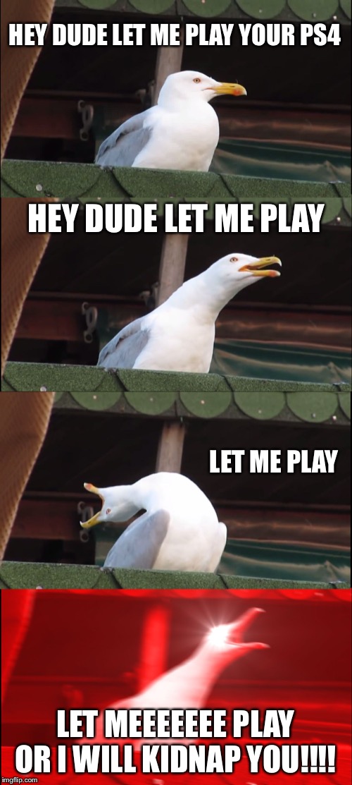 Inhaling Seagull Meme | HEY DUDE LET ME PLAY YOUR PS4; HEY DUDE LET ME PLAY; LET ME PLAY; LET MEEEEEEE PLAY OR I WILL KIDNAP YOU!!!! | image tagged in memes,inhaling seagull | made w/ Imgflip meme maker