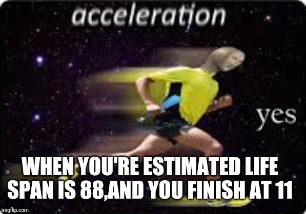 acceleration, yes | WHEN YOU'RE ESTIMATED LIFE SPAN IS 88,AND YOU FINISH AT 11 | image tagged in acceleration yes | made w/ Imgflip meme maker