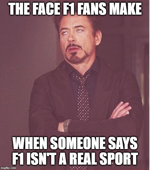 Face You Make Robert Downey Jr Meme | THE FACE F1 FANS MAKE; WHEN SOMEONE SAYS F1 ISN'T A REAL SPORT | image tagged in memes,face you make robert downey jr | made w/ Imgflip meme maker