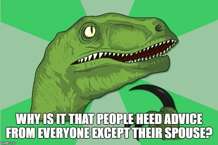 new philosoraptor | WHY IS IT THAT PEOPLE HEED ADVICE FROM EVERYONE EXCEPT THEIR SPOUSE? | image tagged in new philosoraptor | made w/ Imgflip meme maker