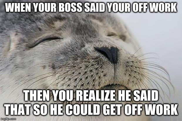 Satisfied Seal Meme | WHEN YOUR BOSS SAID YOUR OFF WORK; THEN YOU REALIZE HE SAID THAT SO HE COULD GET OFF WORK | image tagged in memes,satisfied seal | made w/ Imgflip meme maker