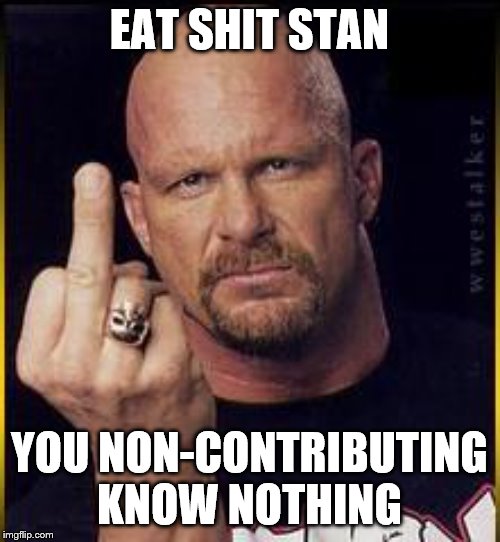 Steve Austin Fuck You | EAT SHIT STAN YOU NON-CONTRIBUTING KNOW NOTHING | image tagged in steve austin fuck you | made w/ Imgflip meme maker