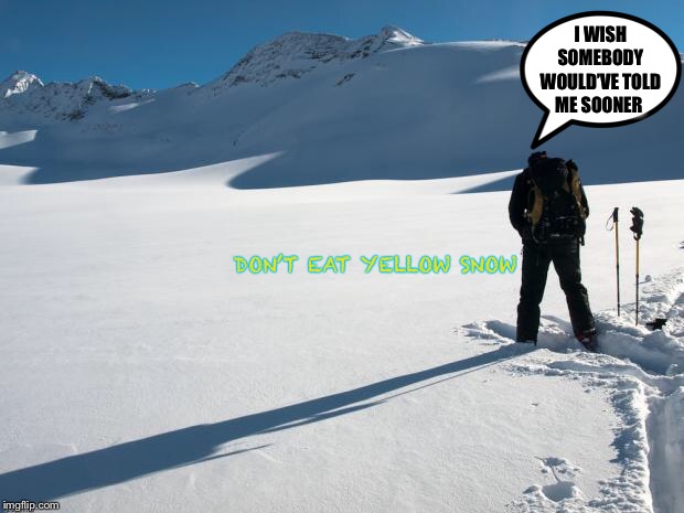 Yellow Snow | I WISH SOMEBODY WOULD’VE TOLD ME SOONER DON’T EAT YELLOW SNOW | image tagged in yellow snow | made w/ Imgflip meme maker