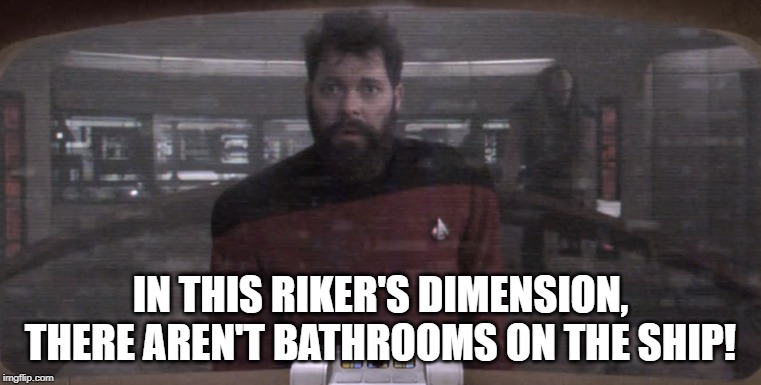 Where was the Bathroom? | IN THIS RIKER'S DIMENSION, THERE AREN'T BATHROOMS ON THE SHIP! | image tagged in crazy riker | made w/ Imgflip meme maker