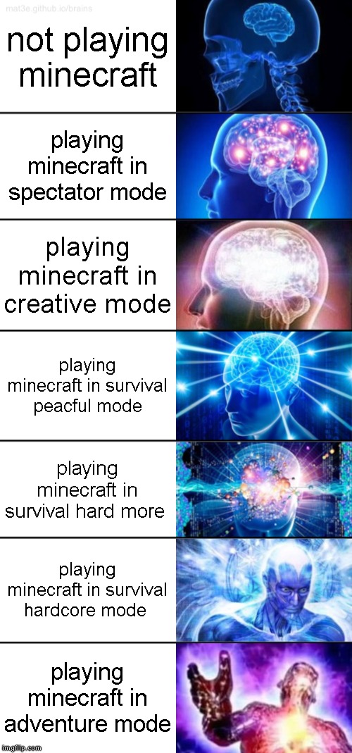 7-Tier Expanding Brain | not playing minecraft; playing minecraft in spectator mode; playing minecraft in creative mode; playing minecraft in survival peacful mode; playing minecraft in survival hard more; playing minecraft in survival hardcore mode; playing minecraft in adventure mode | image tagged in 7-tier expanding brain | made w/ Imgflip meme maker