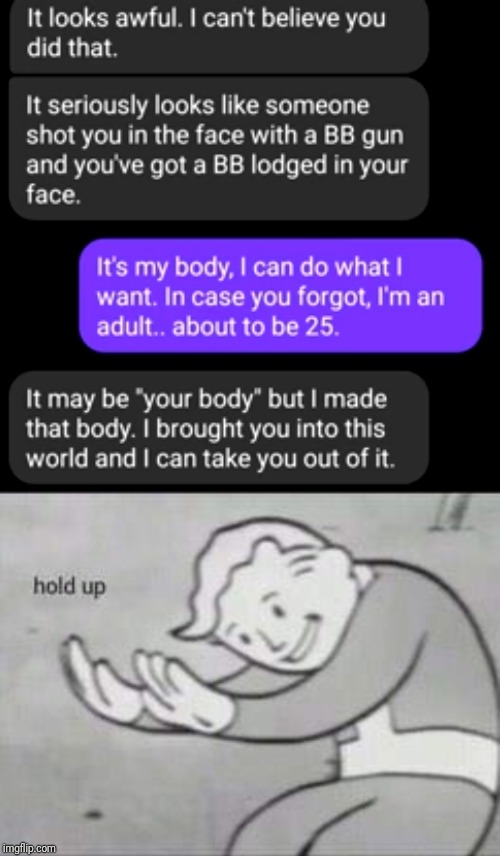 No, you can't! ?‍♀️ | image tagged in fallout hold up,insane,parents | made w/ Imgflip meme maker