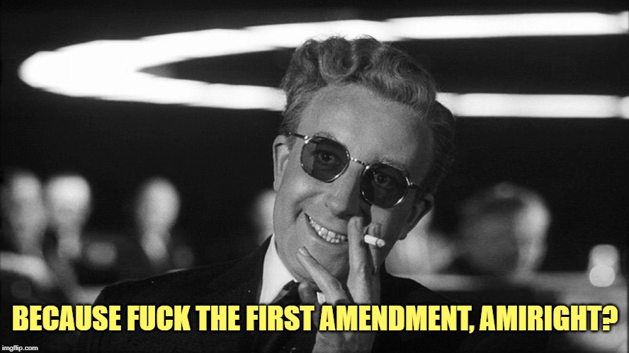 Doctor Strangelove says... | BECAUSE F**K THE FIRST AMENDMENT, AMIRIGHT? | image tagged in doctor strangelove says | made w/ Imgflip meme maker