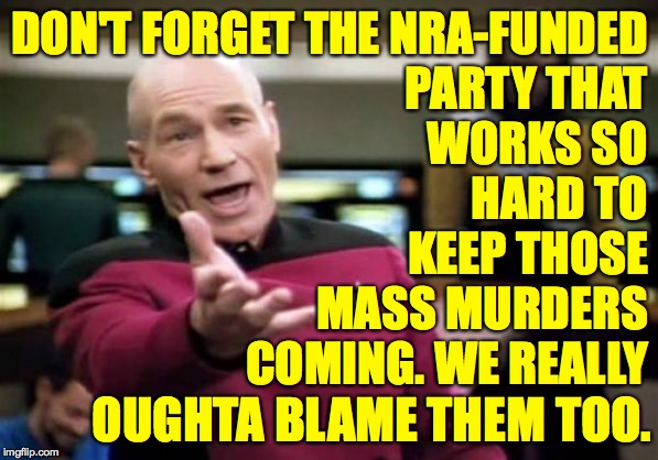 Picard Wtf Meme | DON'T FORGET THE NRA-FUNDED
PARTY THAT
WORKS SO
HARD TO
KEEP THOSE
MASS MURDERS
COMING. WE REALLY OUGHTA BLAME THEM TOO. | image tagged in memes,picard wtf | made w/ Imgflip meme maker