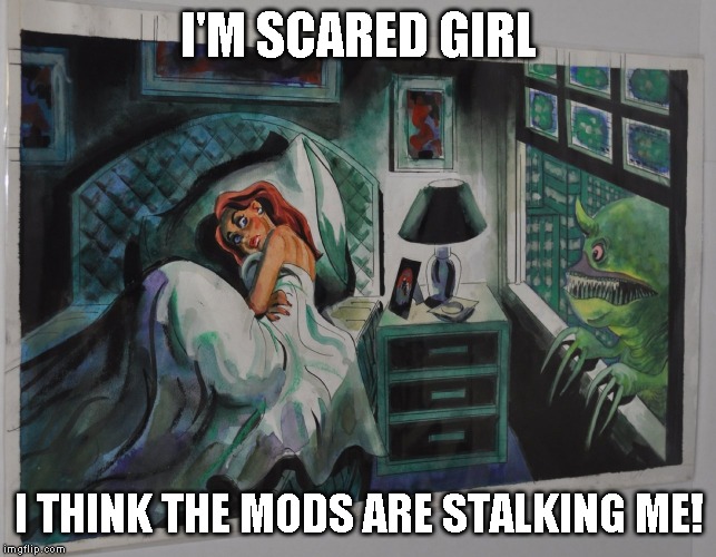 Seriously two views right after posting, never an upvote. I hope I'm entertaining you at least | I'M SCARED GIRL; I THINK THE MODS ARE STALKING ME! | image tagged in hello mods | made w/ Imgflip meme maker