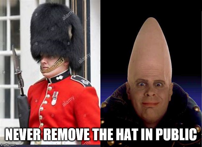  NEVER REMOVE THE HAT IN PUBLIC | image tagged in coneheads | made w/ Imgflip meme maker