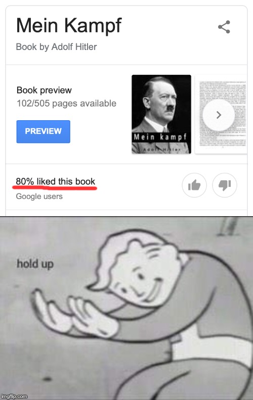 Who Likes Mein Kampf? | image tagged in fallout hold up,hitler,hold up,no way,memes | made w/ Imgflip meme maker