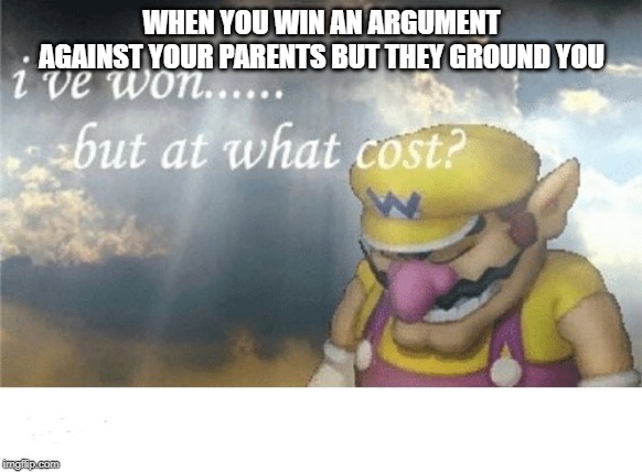 Wario sad | WHEN YOU WIN AN ARGUMENT AGAINST YOUR PARENTS BUT THEY GROUND YOU | image tagged in wario sad | made w/ Imgflip meme maker