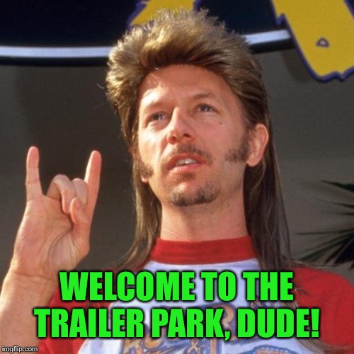 Joe dirt | WELCOME TO THE TRAILER PARK, DUDE! | image tagged in joe dirt | made w/ Imgflip meme maker