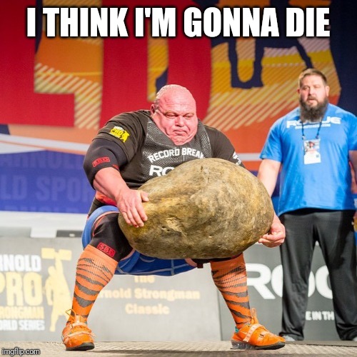 Strongman Rock | I THINK I'M GONNA DIE | image tagged in strongman rock | made w/ Imgflip meme maker