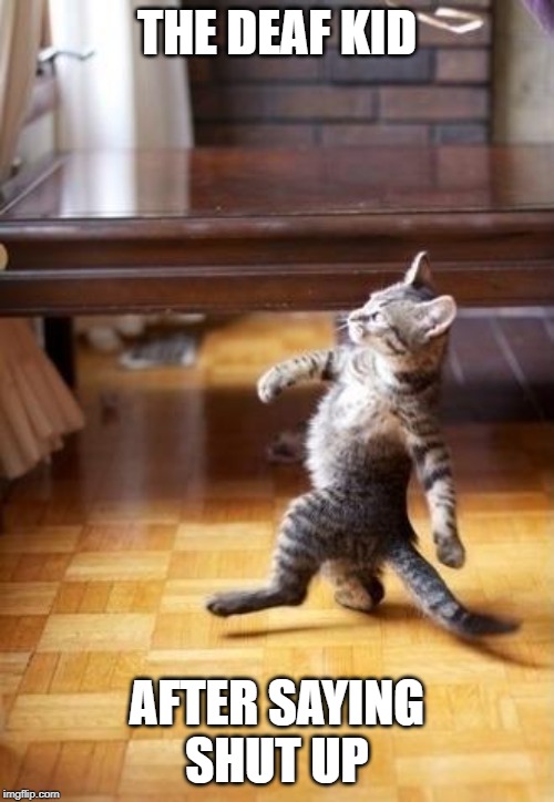 Cool Cat Stroll Meme | THE DEAF KID; AFTER SAYING
SHUT UP | image tagged in memes,cool cat stroll | made w/ Imgflip meme maker