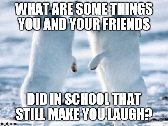 Best friends | WHAT ARE SOME THINGS YOU AND YOUR FRIENDS; DID IN SCHOOL THAT STILL MAKE YOU LAUGH? | image tagged in best friends | made w/ Imgflip meme maker