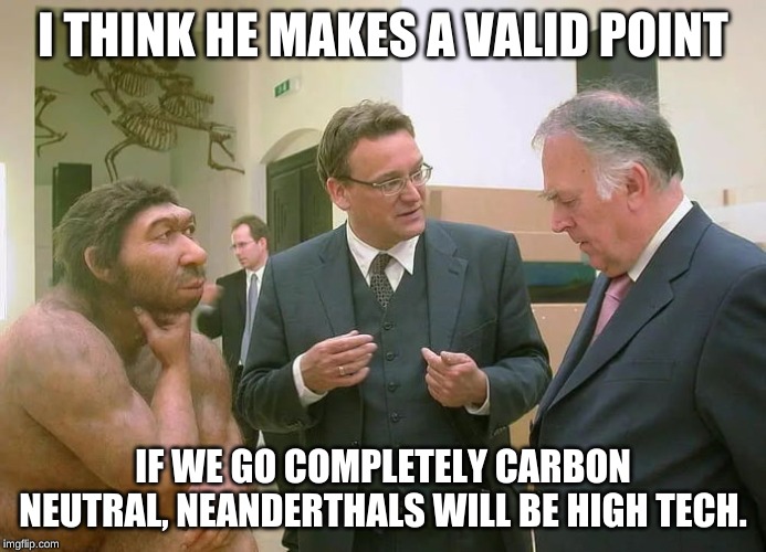 Neanderthal | I THINK HE MAKES A VALID POINT; IF WE GO COMPLETELY CARBON NEUTRAL, NEANDERTHALS WILL BE HIGH TECH. | image tagged in neanderthal | made w/ Imgflip meme maker