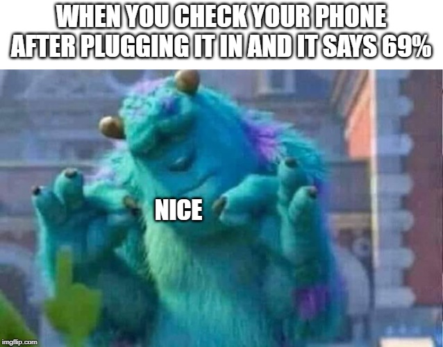 Sully shutdown | WHEN YOU CHECK YOUR PHONE AFTER PLUGGING IT IN AND IT SAYS 69%; NICE | image tagged in sully shutdown | made w/ Imgflip meme maker