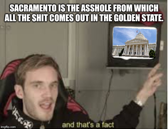 Sacramento is an asshole |  SACRAMENTO IS THE ASSHOLE FROM WHICH ALL THE SHIT COMES OUT IN THE GOLDEN STATE. | image tagged in and thats a fact,memes,california,politics,sucks,shit | made w/ Imgflip meme maker