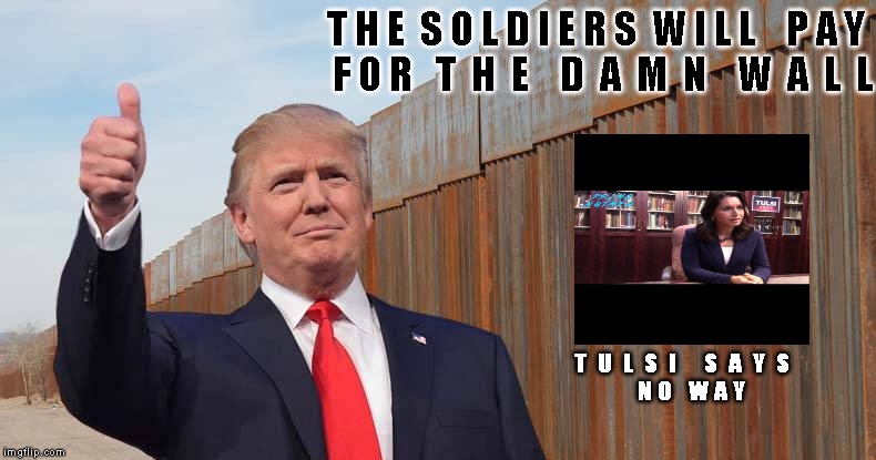 TRUMPS WALL | T H E  S O L D I E R S  W I L L    P A Y 
F O R   T  H  E    D  A  M  N    W  A  L  L; T  U  L  S  I     S  A  Y  S

      N O   W A Y | image tagged in trump wall | made w/ Imgflip meme maker