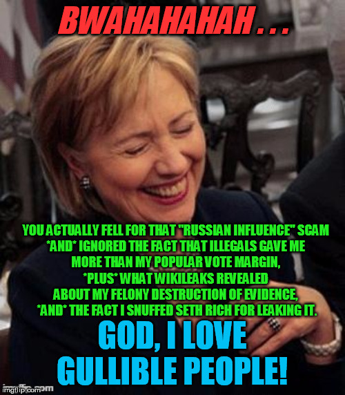 Hillary LOL | BWAHAHAHAH . . . YOU ACTUALLY FELL FOR THAT "RUSSIAN INFLUENCE" SCAM 
*AND* IGNORED THE FACT THAT ILLEGALS GAVE ME 
MORE THAN MY POPULAR VOT | image tagged in hillary lol | made w/ Imgflip meme maker