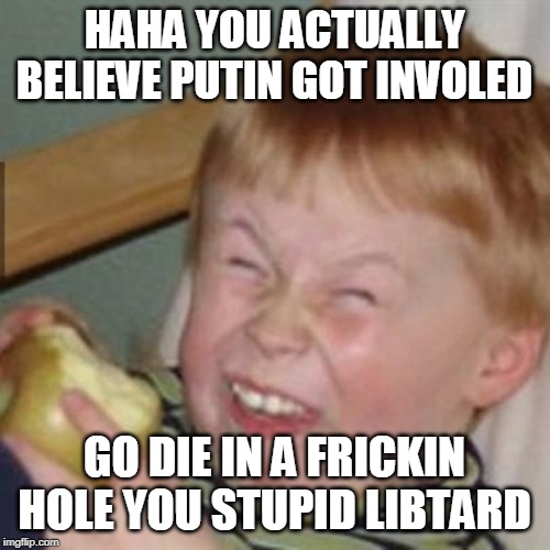 mocking laugh face | HAHA YOU ACTUALLY BELIEVE PUTIN GOT INVOLED GO DIE IN A FRICKIN HOLE YOU STUPID LIBTARD | image tagged in mocking laugh face | made w/ Imgflip meme maker