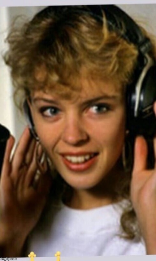 80’s Kylie with headphones. Another promising “not listening” reacc | image tagged in kylie headphones,headphones,not listening,lol,cute,music | made w/ Imgflip meme maker