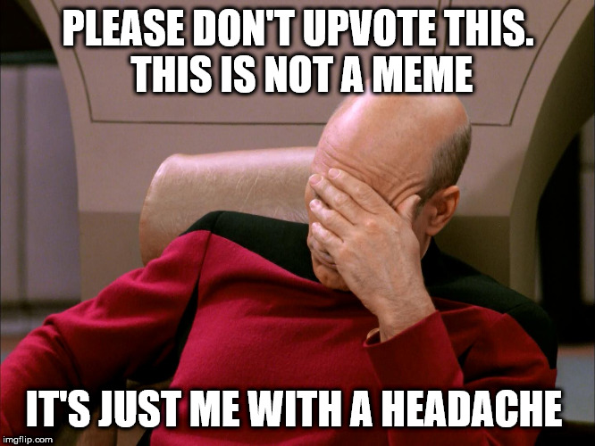 picard face palm | PLEASE DON'T UPVOTE THIS.
 THIS IS NOT A MEME; IT'S JUST ME WITH A HEADACHE | image tagged in picard face palm | made w/ Imgflip meme maker