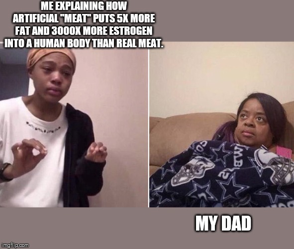 Explaining that "meat" | ME EXPLAINING HOW ARTIFICIAL "MEAT" PUTS 5X MORE FAT AND 3000X MORE ESTROGEN INTO A HUMAN BODY THAN REAL MEAT. MY DAD | image tagged in me explaining to my mom,artificial meat,vegan logic,humor | made w/ Imgflip meme maker