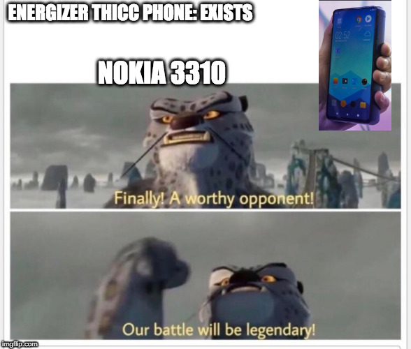 oh god there are 2 of themwhat are we gonna do? | NOKIA 3310; ENERGIZER THICC PHONE: EXISTS | image tagged in finally a worthy opponent | made w/ Imgflip meme maker