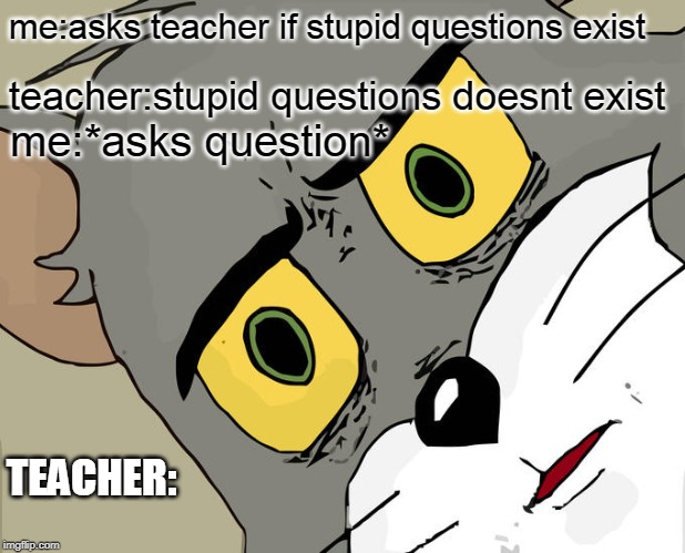 Unsettled Tom Meme | me:asks teacher if stupid questions exist; teacher:stupid questions doesnt exist; me:*asks question*; TEACHER: | image tagged in memes,unsettled tom | made w/ Imgflip meme maker