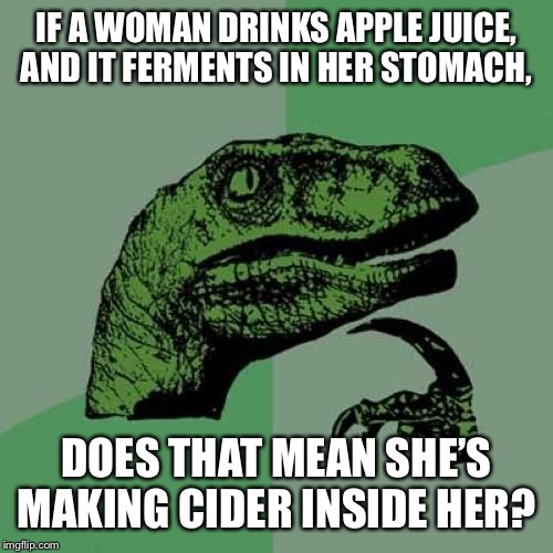 Philosoraptor Meme | IF A WOMAN DRINKS APPLE JUICE, AND IT FERMENTS IN HER STOMACH, DOES THAT MEAN SHE’S MAKING CIDER INSIDE HER? | image tagged in memes,philosoraptor | made w/ Imgflip meme maker