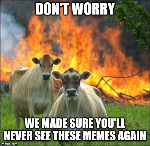 Evil Cows Meme | DON'T WORRY WE MADE SURE YOU'LL NEVER SEE THESE MEMES AGAIN | image tagged in memes,evil cows | made w/ Imgflip meme maker