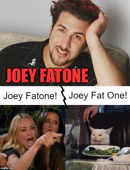He isn't exactly obese. But in the band he was the Fat One | JOEY FATONE; Joey Fat One! Joey Fatone! | image tagged in joey fatone,memes,woman yelling at cat,fat one | made w/ Imgflip meme maker