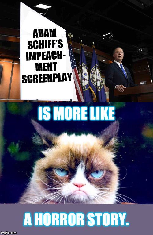 And The Drama Goes On | ADAM SCHIFF'S IMPEACH- MENT SCREENPLAY; IS MORE LIKE; A HORROR STORY. | image tagged in memes,politics,adam schiff,impeachment,screenplay,grumpy cat | made w/ Imgflip meme maker