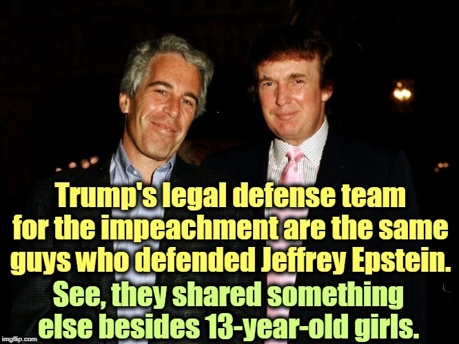 Trump and Epstein, bonded even in death. | Trump's legal defense team for the impeachment are the same guys who defended Jeffrey Epstein. See, they shared something else besides 13-year-old girls. | image tagged in trump epstein,lawyers,defense,share,girls | made w/ Imgflip meme maker