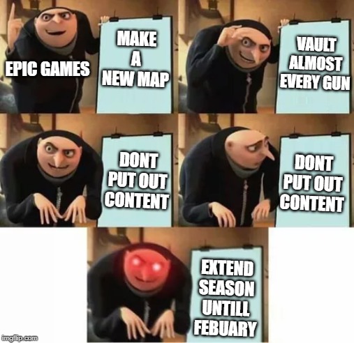 Get it together epic!!! | VAULT ALMOST EVERY GUN; MAKE A NEW MAP; EPIC GAMES; DONT PUT OUT CONTENT; DONT PUT OUT CONTENT; EXTEND SEASON UNTILL FEBUARY | image tagged in gru's plan red eyes edition,fortnite,chapter 2,epic games | made w/ Imgflip meme maker