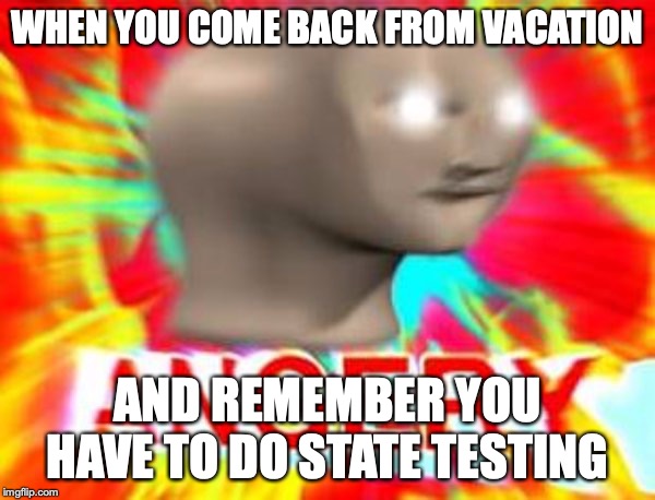 Surreal Angery | WHEN YOU COME BACK FROM VACATION; AND REMEMBER YOU HAVE TO DO STATE TESTING | image tagged in surreal angery | made w/ Imgflip meme maker