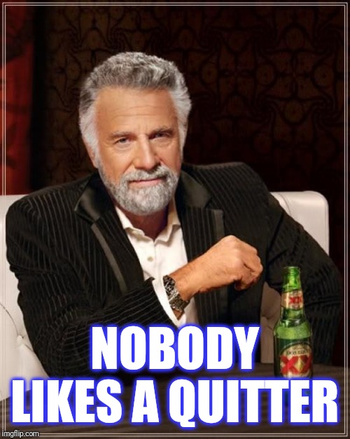 The Most Interesting Man In The World Meme | NOBODY LIKES A QUITTER | image tagged in memes,the most interesting man in the world | made w/ Imgflip meme maker
