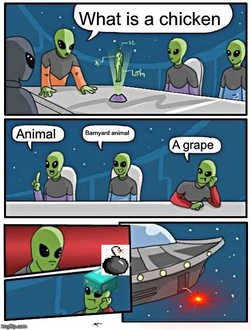 Alien Meeting Suggestion Meme | What is a chicken; Barnyard animal; Animal; A grape | image tagged in memes,alien meeting suggestion | made w/ Imgflip meme maker