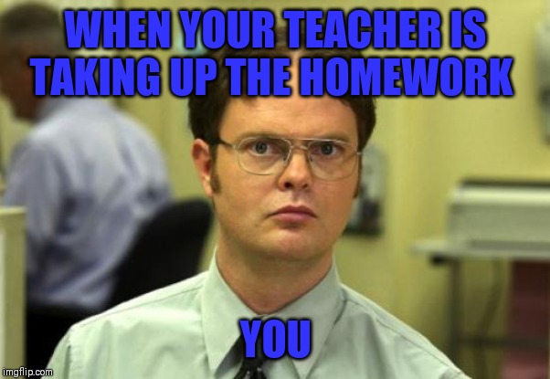 Dwight Schrute | WHEN YOUR TEACHER IS TAKING UP THE HOMEWORK; YOU | image tagged in memes,dwight schrute | made w/ Imgflip meme maker