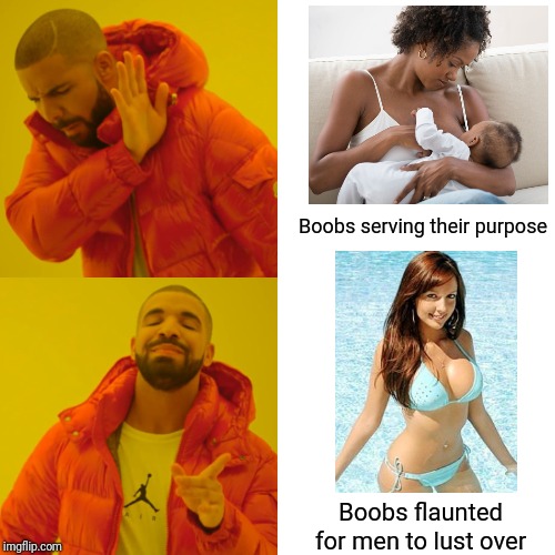 Drake Hotline Bling Meme | Boobs serving their purpose Boobs flaunted for men to lust over | image tagged in memes,drake hotline bling | made w/ Imgflip meme maker