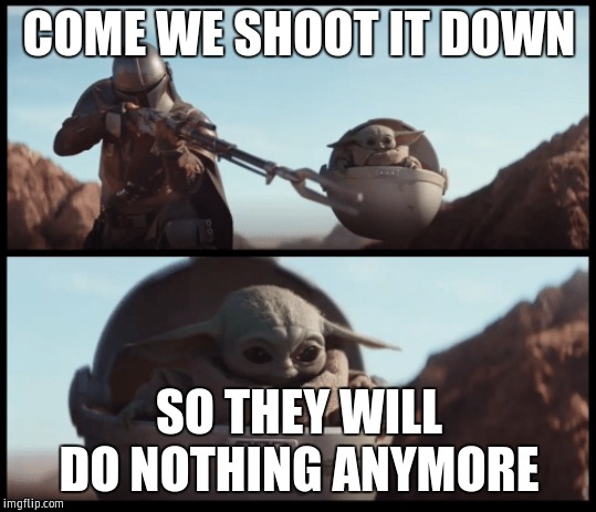 Baby Yoda |  COME WE SHOOT IT DOWN; SO THEY WILL DO NOTHING ANYMORE | image tagged in baby yoda | made w/ Imgflip meme maker