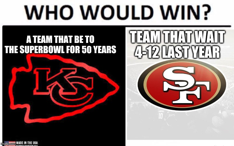 supebowl 54 | A TEAM THAT BE TO THE SUPERBOWL FOR 50 YEARS; TEAM THAT WAIT 4-12 LAST YEAR | image tagged in football,who would win,superbowl | made w/ Imgflip meme maker