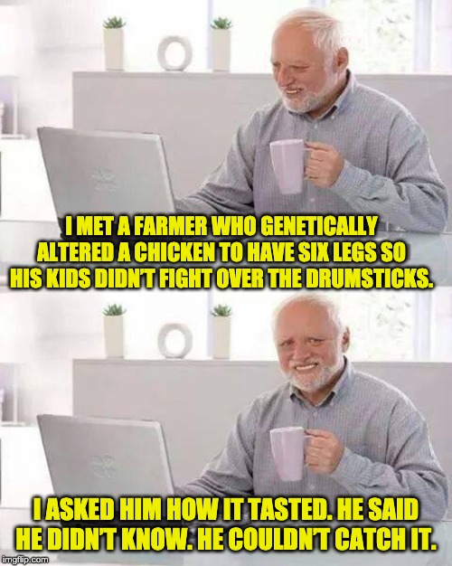 Hide the Pain Harold | I MET A FARMER WHO GENETICALLY ALTERED A CHICKEN TO HAVE SIX LEGS SO HIS KIDS DIDN’T FIGHT OVER THE DRUMSTICKS. I ASKED HIM HOW IT TASTED. HE SAID HE DIDN’T KNOW. HE COULDN’T CATCH IT. | image tagged in memes,hide the pain harold | made w/ Imgflip meme maker